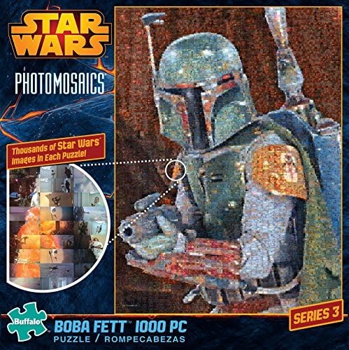 A photomosaic portrait of the bounty hunter Boba Fett made of tiny movie scene snippets.