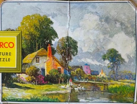 Impressionistic landscape painting of a cottage by a stream with geese and a figure.