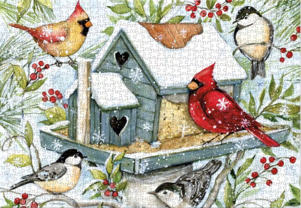 Winter scene featuring a birdhouse surrounded by cardinals and chickadees among pine branches and berries.