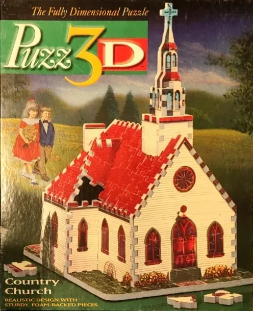 A small white country church with a bright red roof depicted against a rural landscape.