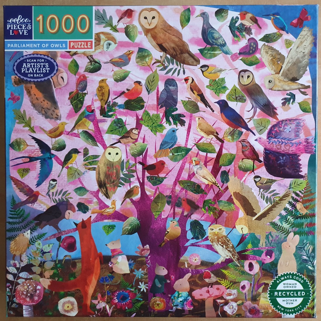 A collage illustration featuring various owls and birds perched in a stylized, colorful tree, with forest animals below.