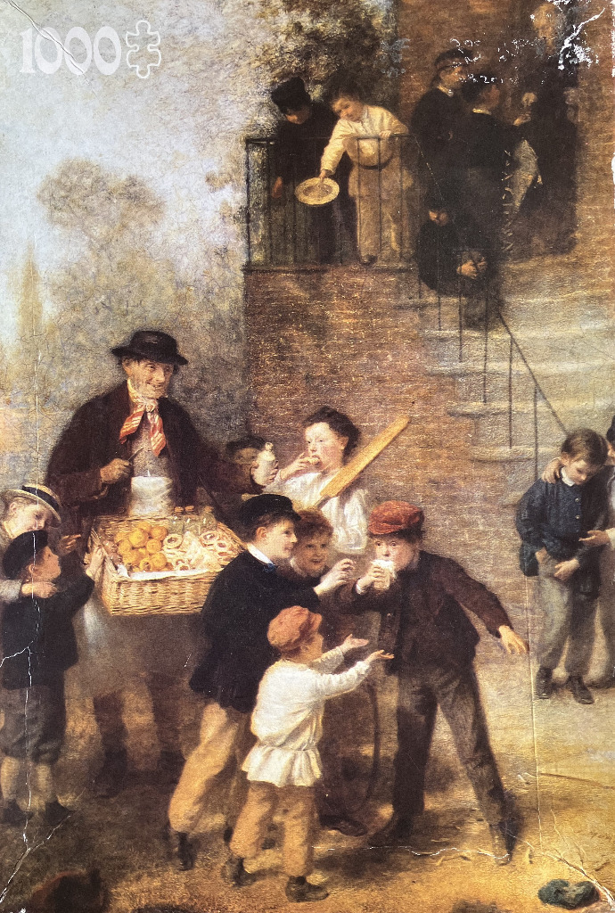 Oil painting showing a street vendor selling treats to a group of young boys near a brick building.
