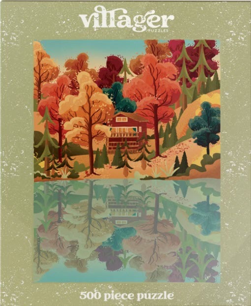 A cozy cabin nestled in an autumn forest reflected in a calm, still lake.
