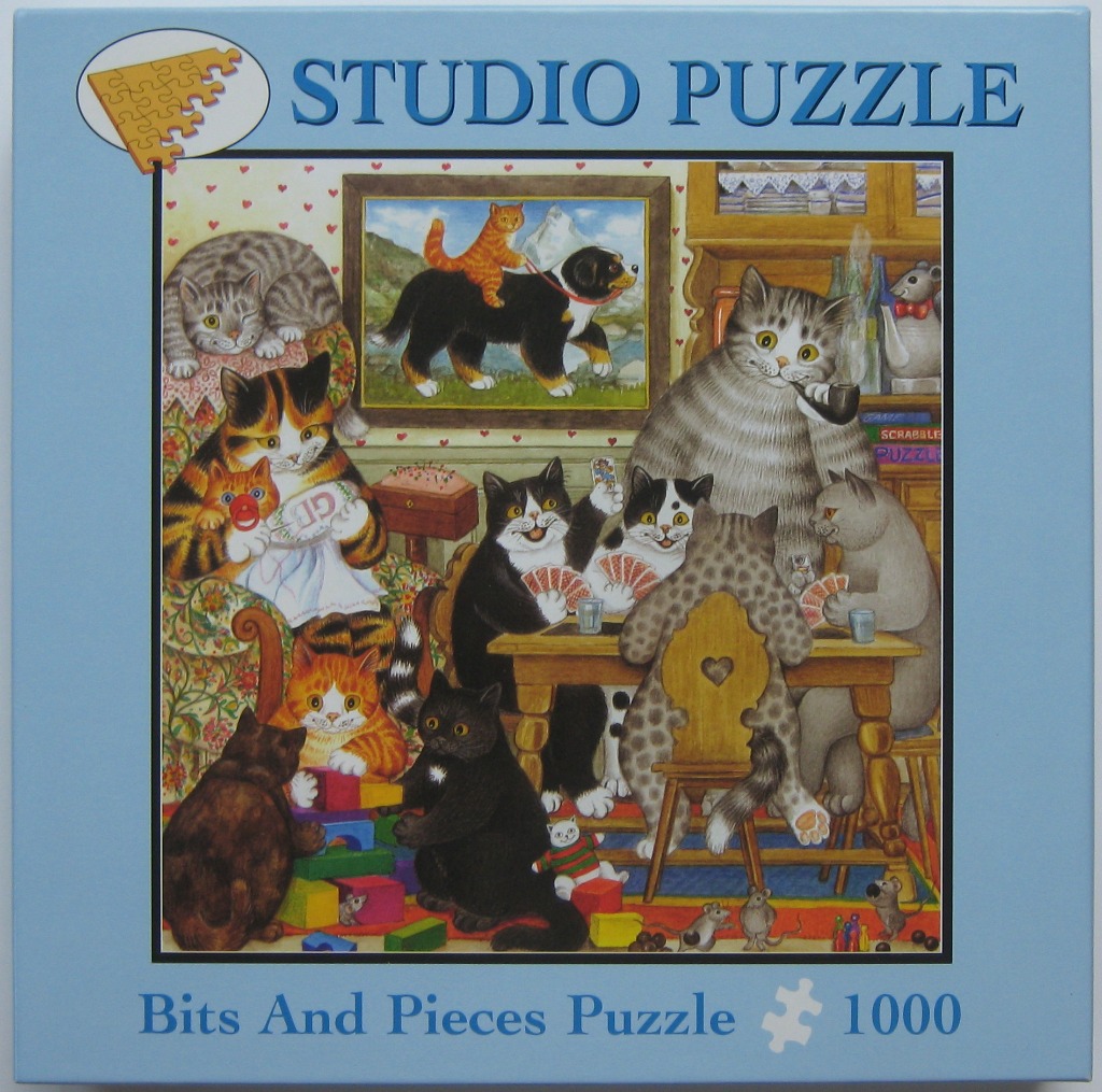 A whimsical illustration of many cats gathered in a cozy room, with some playing cards and others playing with toys.