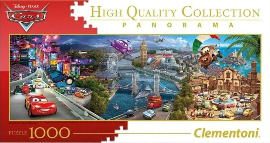 A panoramic illustration of animated racing cars driving through global cityscapes including Tokyo, London, and Rome.