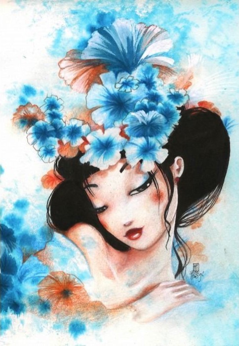 An ethereal illustration of a woman with a large crown of blue and orange flowers in her dark hair.