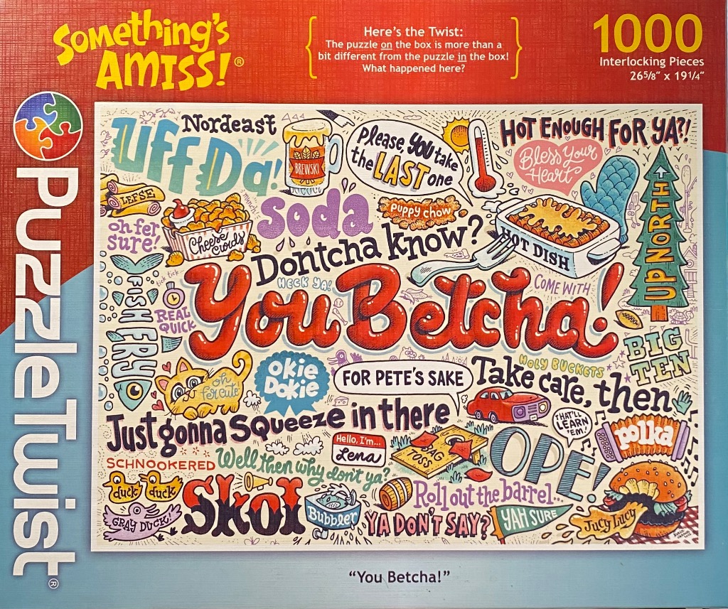 A whimsical collage of phrases and icons related to Upper Midwest culture in an illustrative, colorful style.