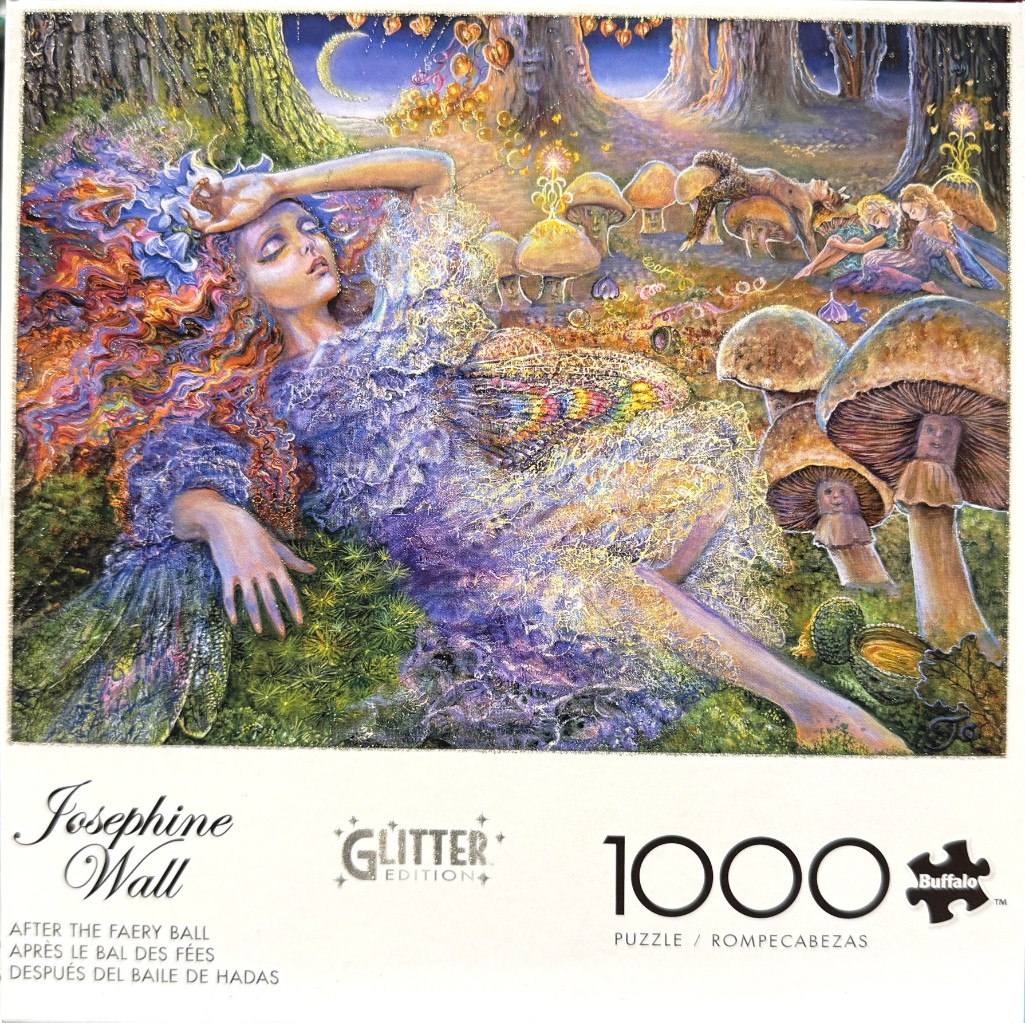 A fantasy illustration of a fairy sleeping in a magical forest amongst oversized mushrooms under a crescent moon.
