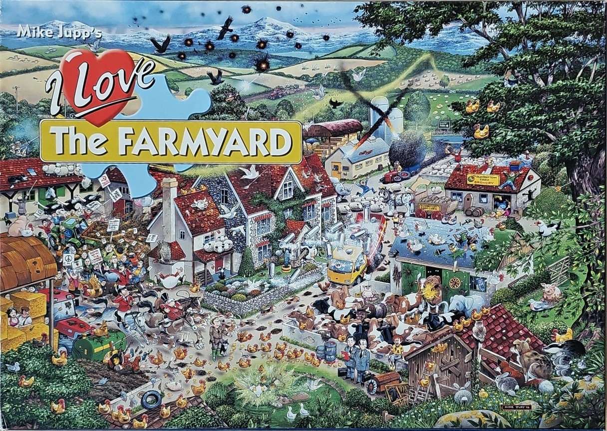 A chaotic, humorous cartoon illustration of a busy, crowded farmyard filled with animals and people.