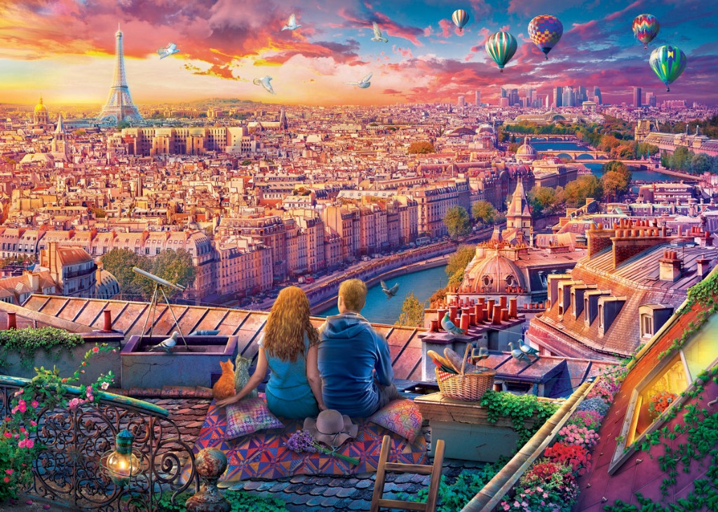 A couple sits on a Parisian rooftop at sunset with a panoramic view of the city skyline, Eiffel Tower, and hot air balloons.