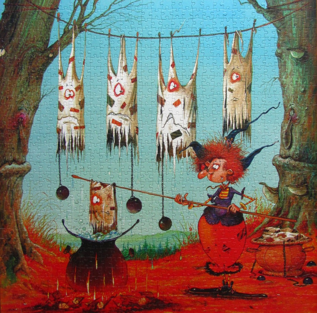 A cartoon witch hangs haunted laundry on a line between two trees, with a cauldron boiling in the foreground.