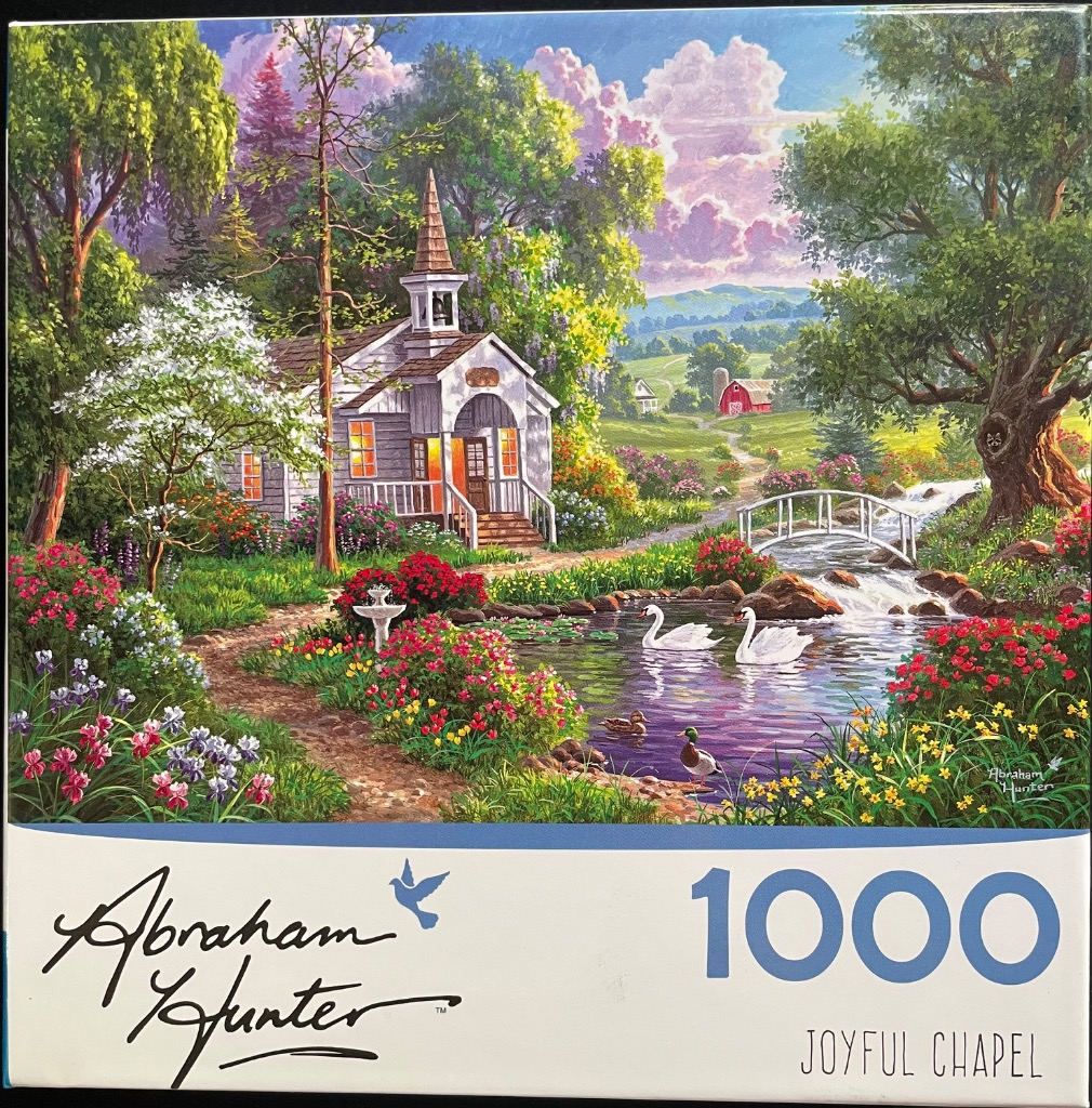 An idyllic pastoral scene featuring a white chapel beside a stream with swans, set in a lush landscape at sunset.