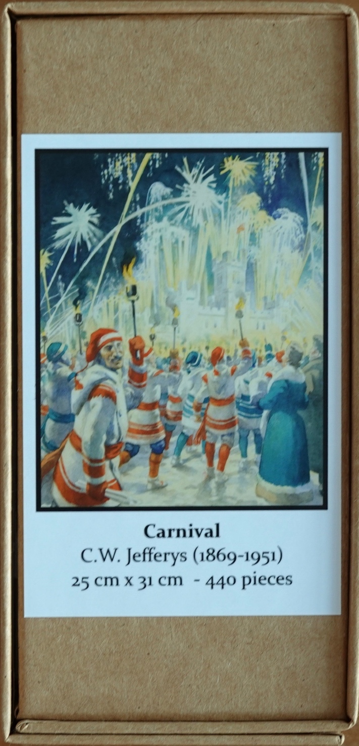 A painting of a winter carnival with people holding torches under fireworks.