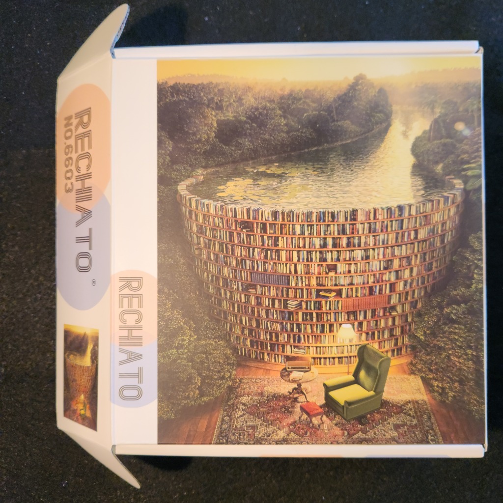 A surreal illustration of a circular library filled with books that transforms into a river flowing through a forest.