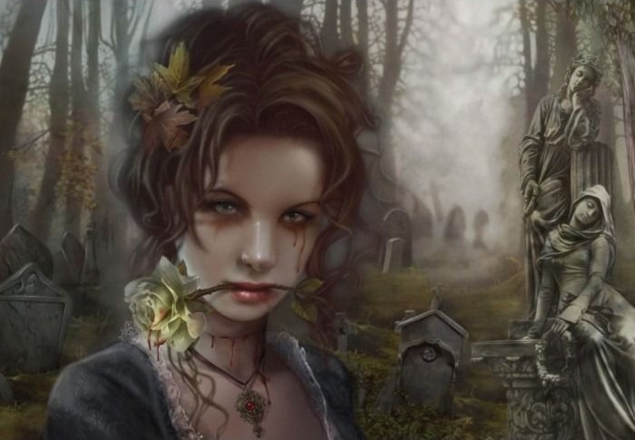 A pale young woman with a rose in her teeth stands in a misty, gothic cemetery with stone statues.