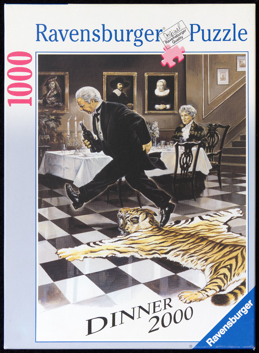An illustration of an elderly waiter stepping over a tiger skin rug in a formal dining room.