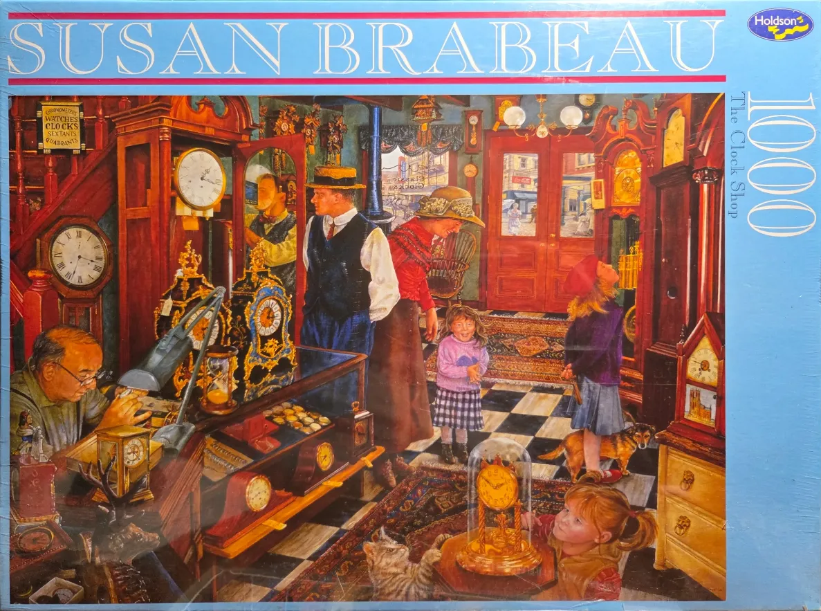 An illustration of an old-fashioned clock shop with people browsing and a watchmaker at work.
