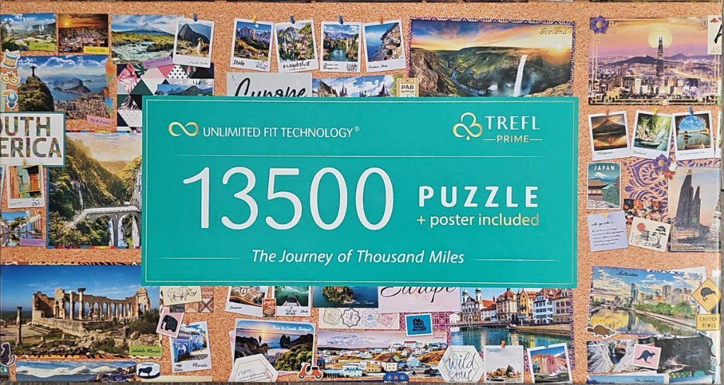 A collage of travel photographs and postcards pinned to a corkboard surface.