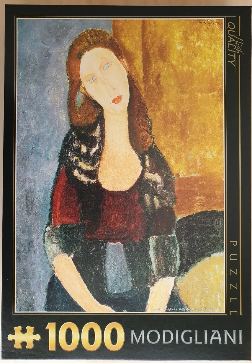 A reproduction of Amedeo Modigliani's Portrait of Jeanne Hébuterne featuring a woman with an elongated neck and face.