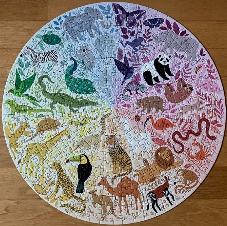 A circular illustration depicting a vibrant color wheel of various wild animals and foliage.