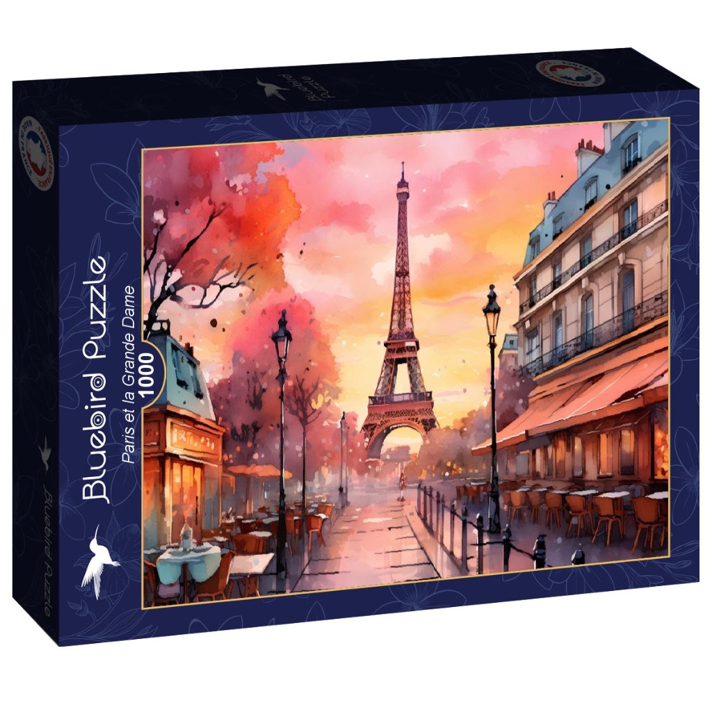 A watercolor-style painting of the Eiffel Tower in Paris at sunset, framed by street cafes and vibrant autumn trees.