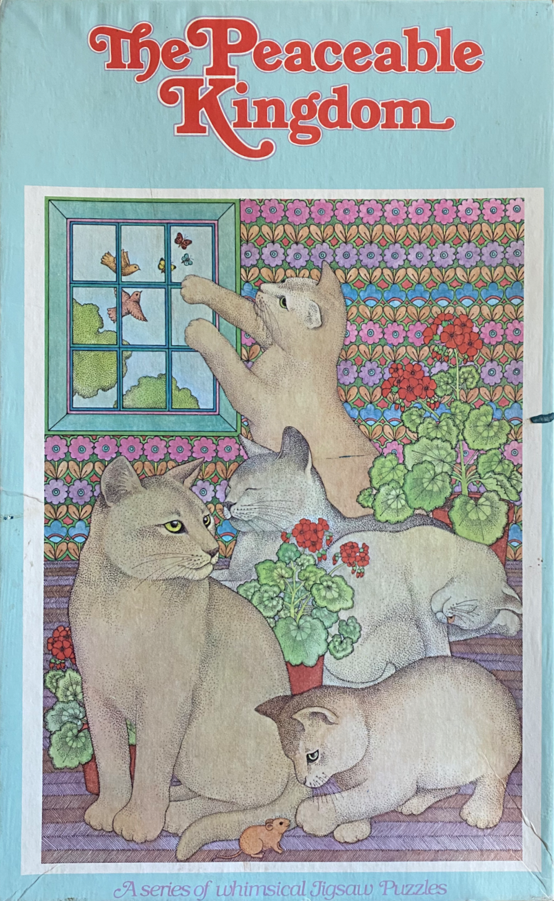 Illustration of several cats in a room with a patterned wall, a window, and houseplants.