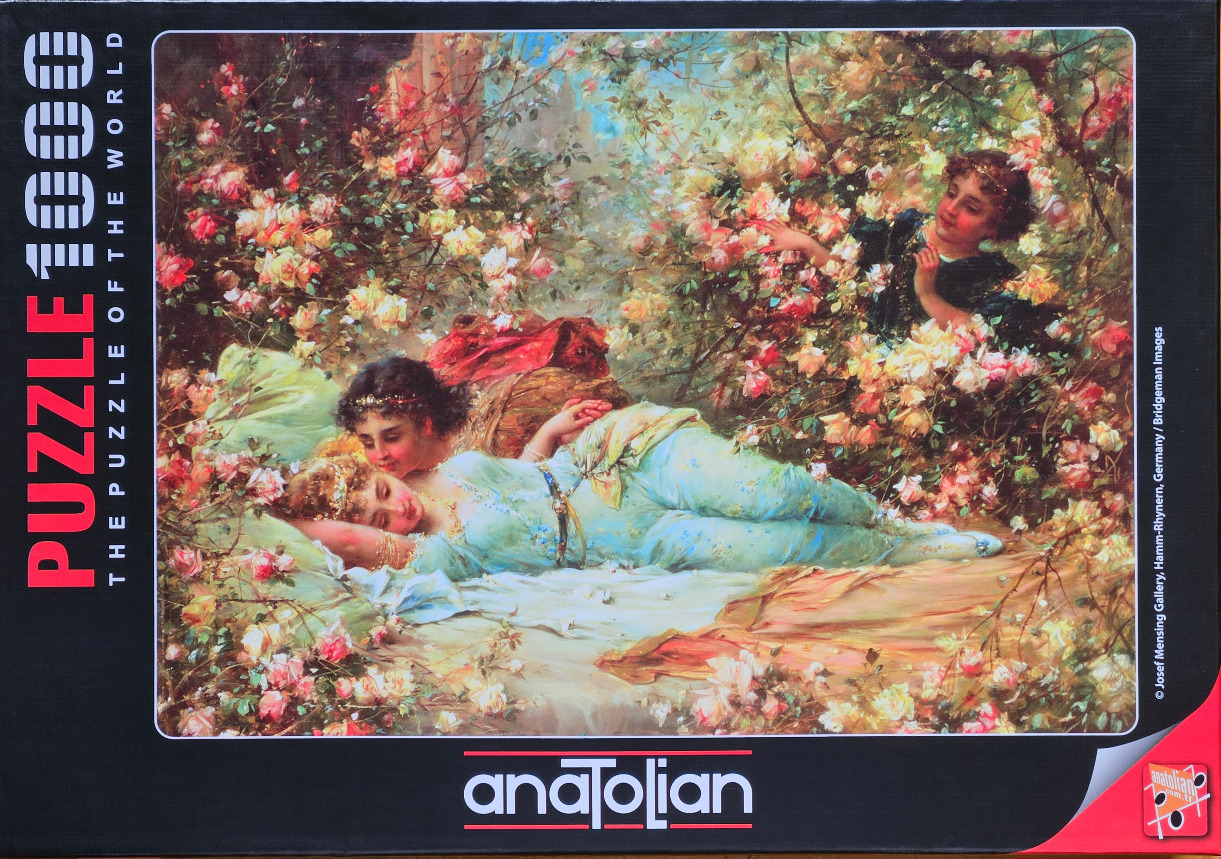 An oil painting of two women lounging in a lush rose garden, with a third person peeking through the flowers.