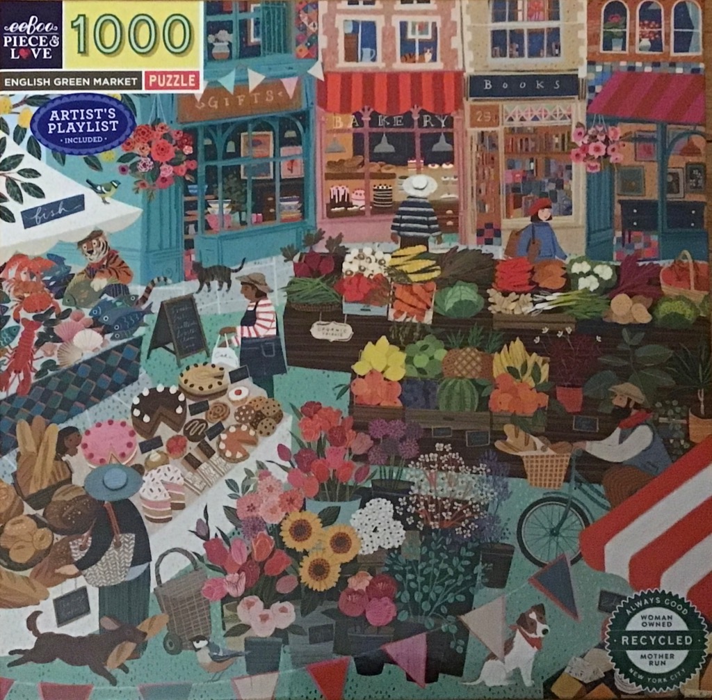 An illustration of a bustling English green market with food stalls, flowers, and pedestrians.
