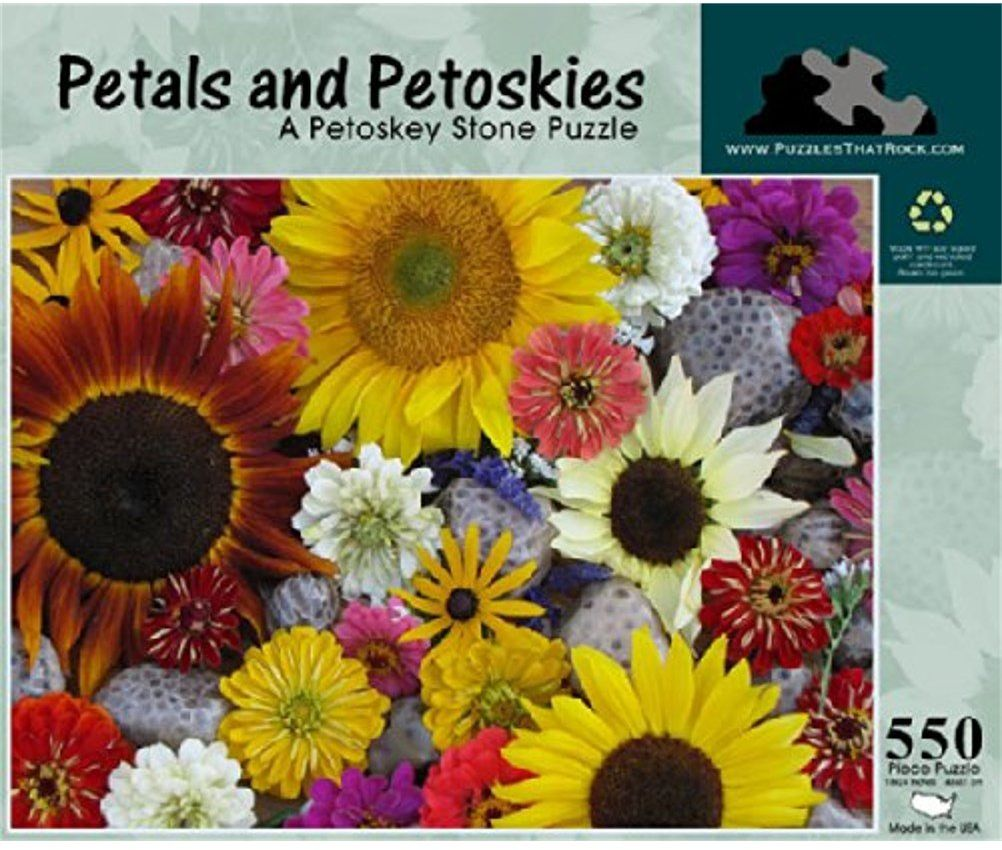 A dense cluster of colorful flowers and grey patterned Petoskey stones.