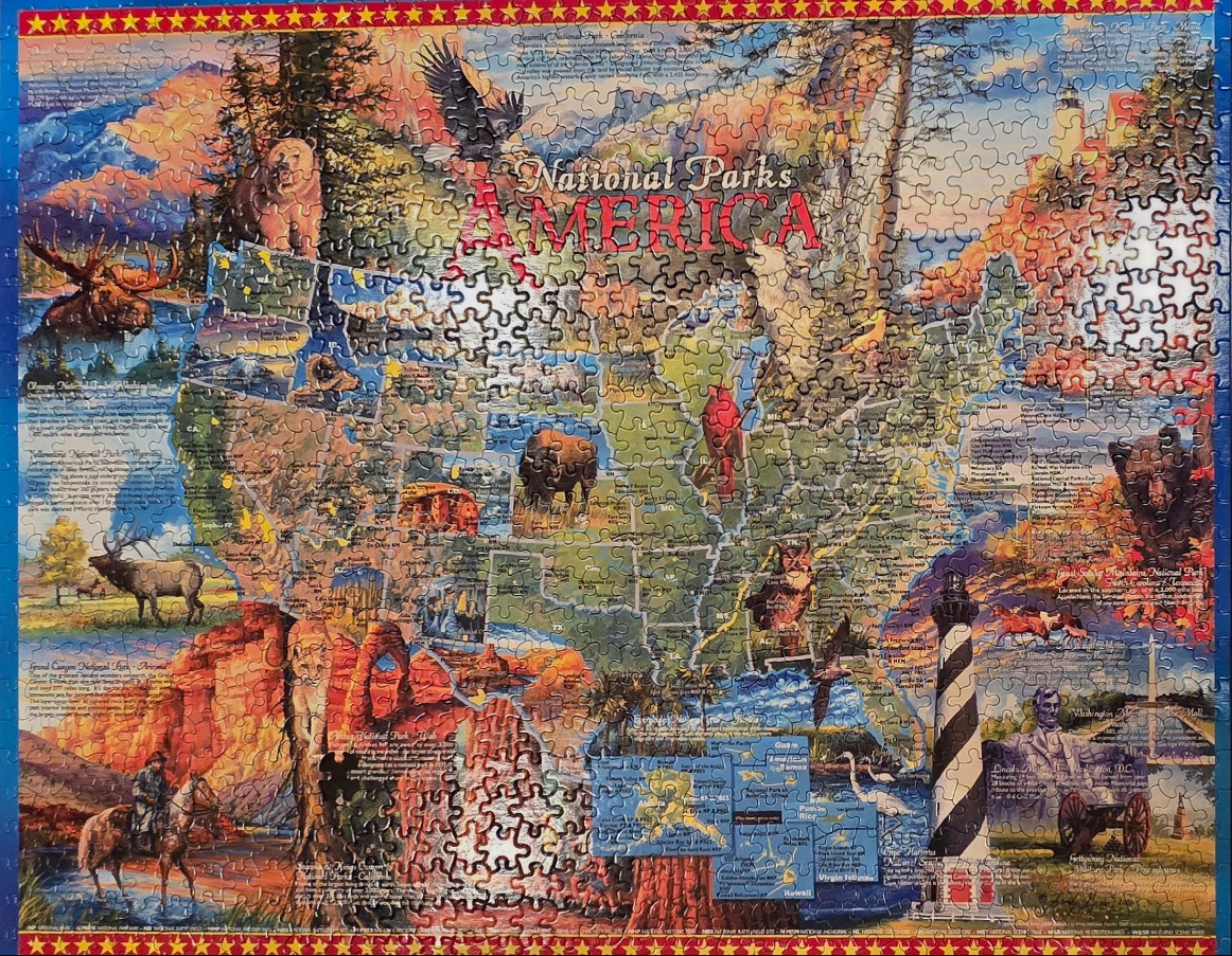 An illustrated map of the United States featuring various national parks, wildlife, and landmarks.