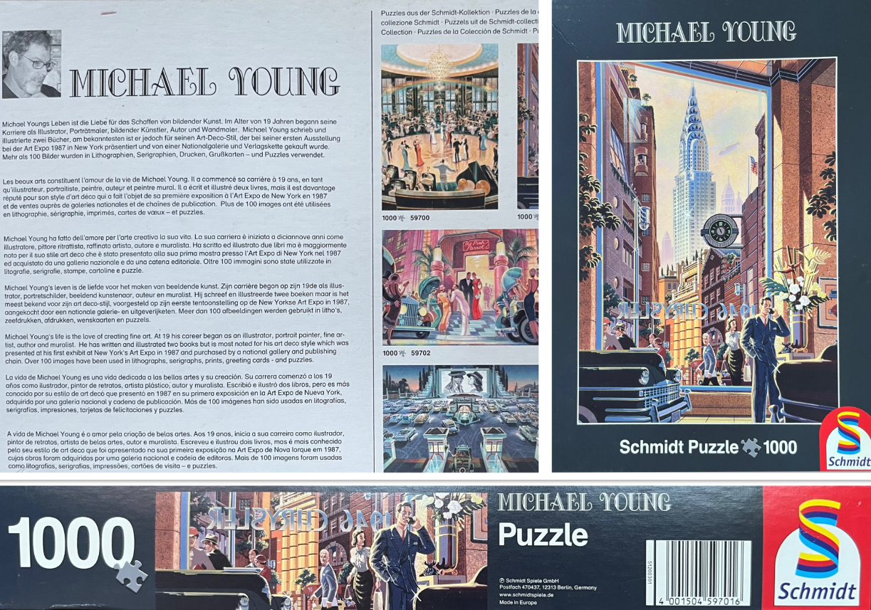 Art Deco illustration of the Chrysler Building viewed from a street-level city scene with people and classic cars.
