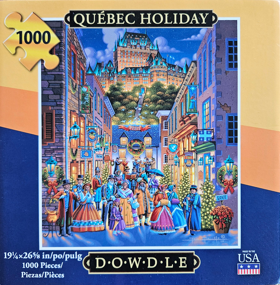 A whimsical folk-art illustration of people celebrating in a winter street in Quebec with a castle in the background.
