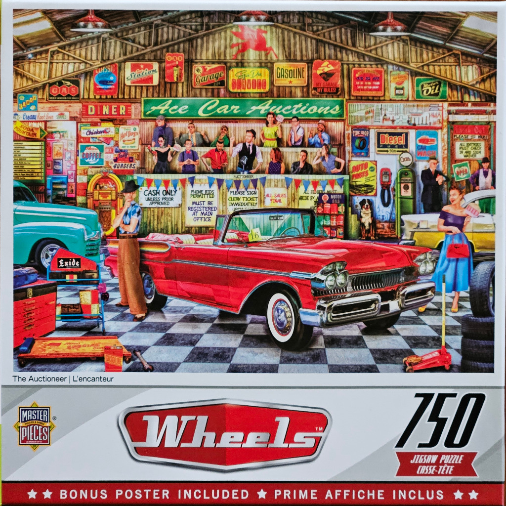 A nostalgic 1950s-style car auction scene inside a garage featuring a red convertible and various retro signs.