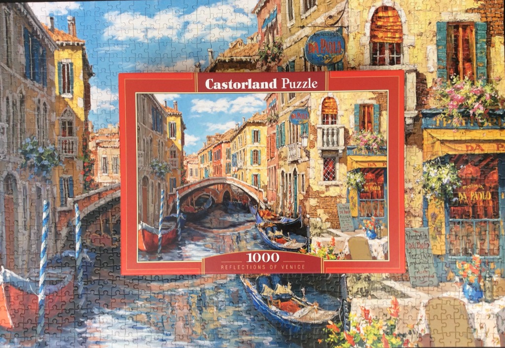 Painting of a Venice canal with gondolas and traditional buildings