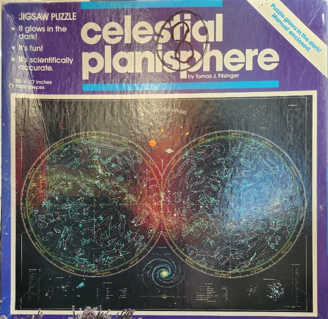 A double-hemisphere celestial planisphere chart showing constellations and stars against a dark black background.