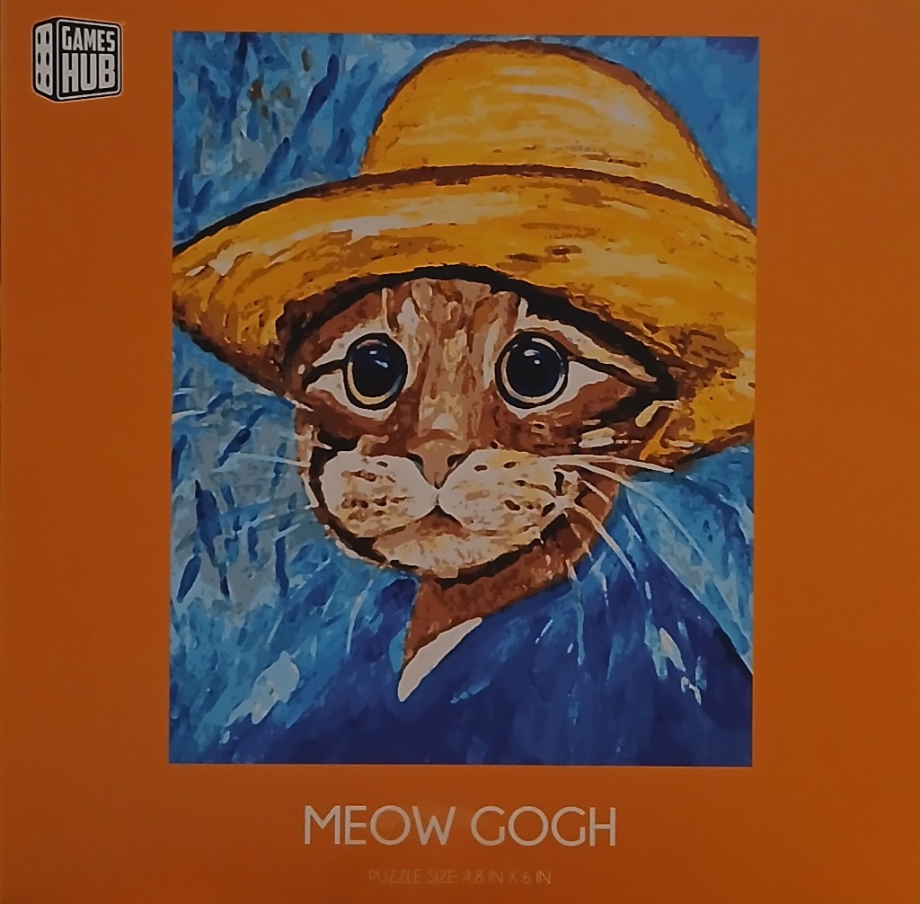 An impressionist-style portrait of a ginger cat wearing a yellow straw hat against a swirling blue background.