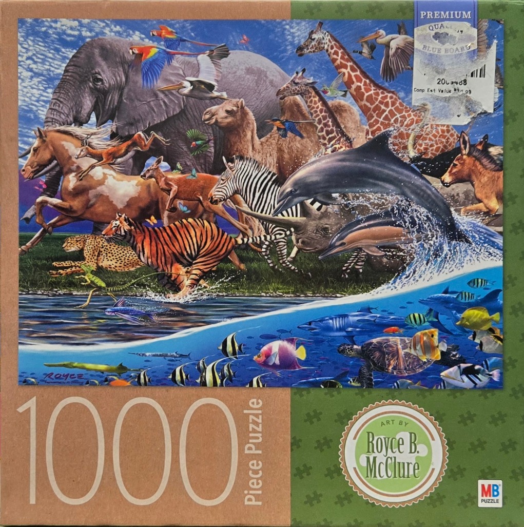 A collage of diverse wild animals running on land and swimming in water, created by artist Royce B. McClure.