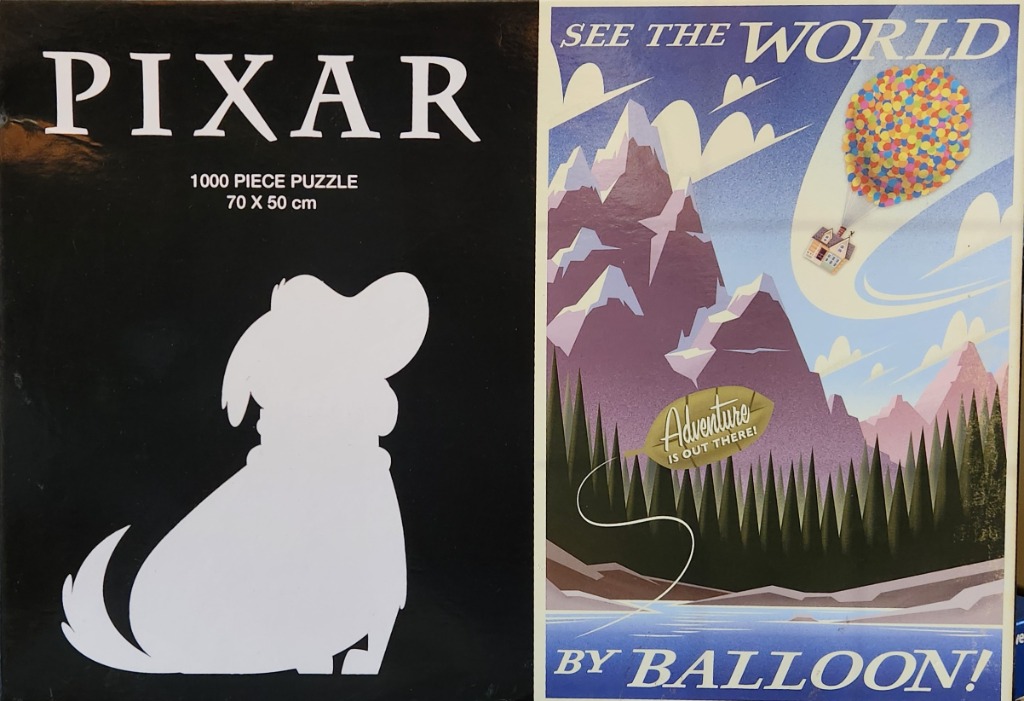 A vintage-style travel poster featuring a house lifted by colorful balloons over mountains, forests, and a lake.