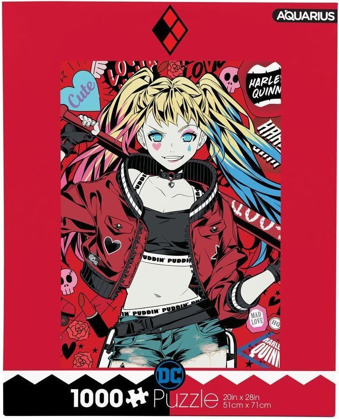 Anime-style illustration of Harley Quinn with blonde pigtails, a red jacket, and a baseball bat against a patterned backgroun