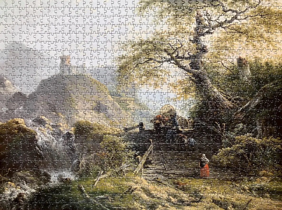 A Romantic era landscape painting showing a wagon crossing a rustic bridge near a waterfall and mountains.