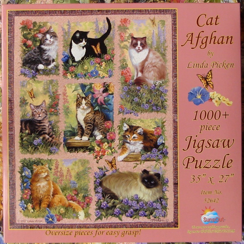 Collage of eight various cat breeds sitting in flower gardens, in the style of a woven afghan tapestry.