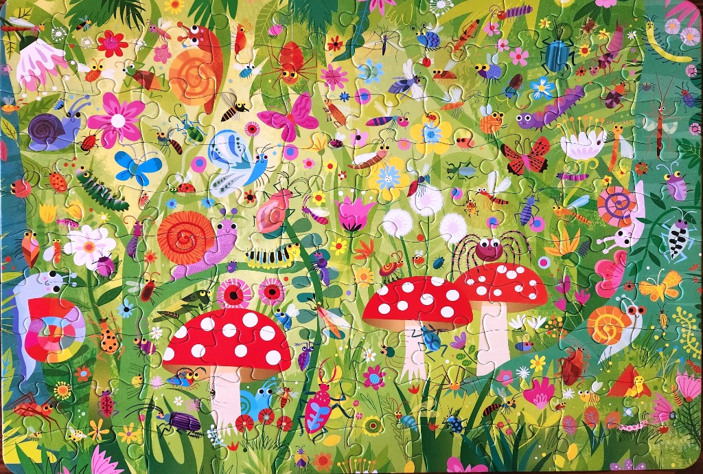 A vibrant cartoon illustration of a bustling forest floor filled with colorful insects, snails, and mushrooms.