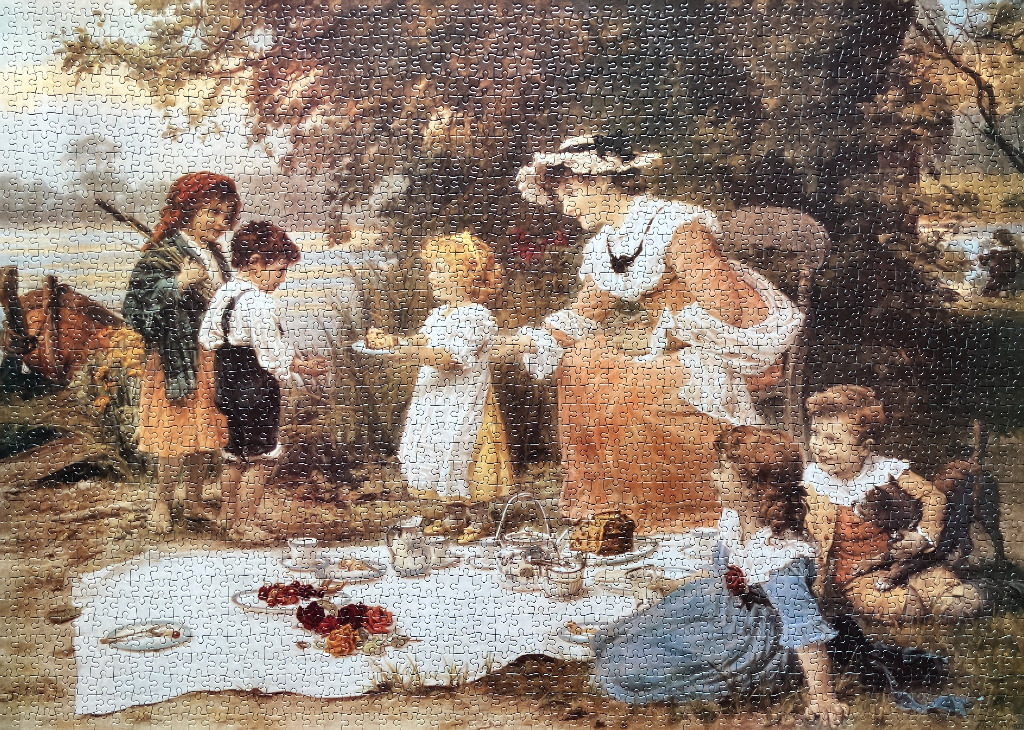 An oil painting style scene of a Victorian-era family having an outdoor picnic under a tree.
