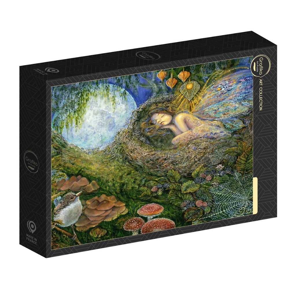 A fairy sleeps in a nest within a moonlit forest glade featuring mushrooms, blackberries, and a small bird.