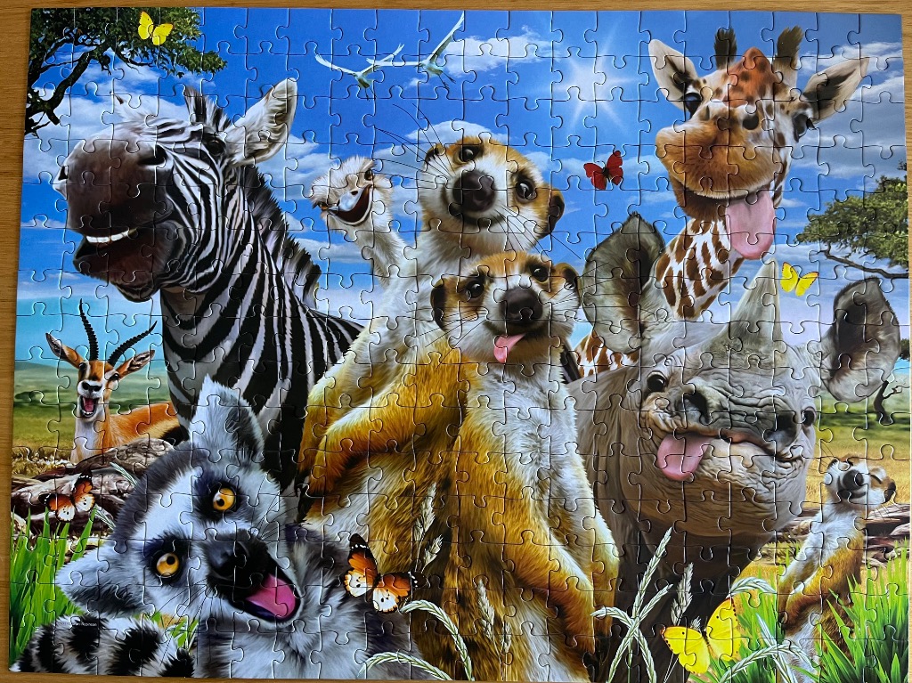 A whimsical collection of comical African savanna animals posing together for a group selfie.