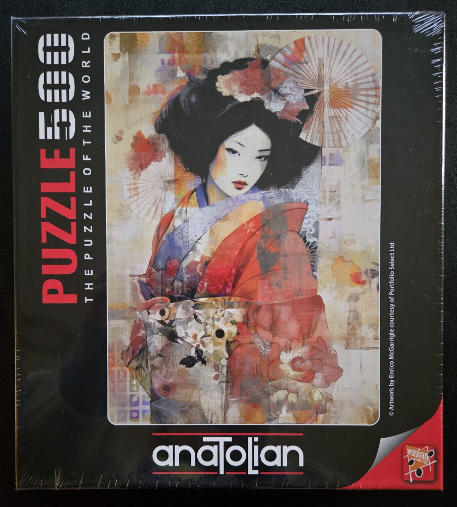 Stylized illustration of a geisha with dark hair, a red kimono, and traditional parasols in the background.