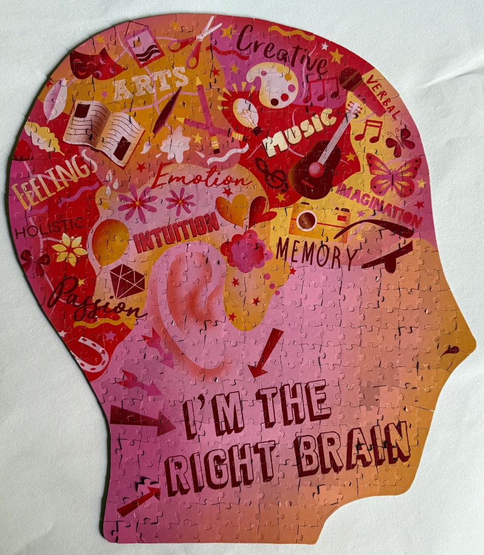 A silhouette of a human head filled with colorful, creative-themed illustrations and the text I