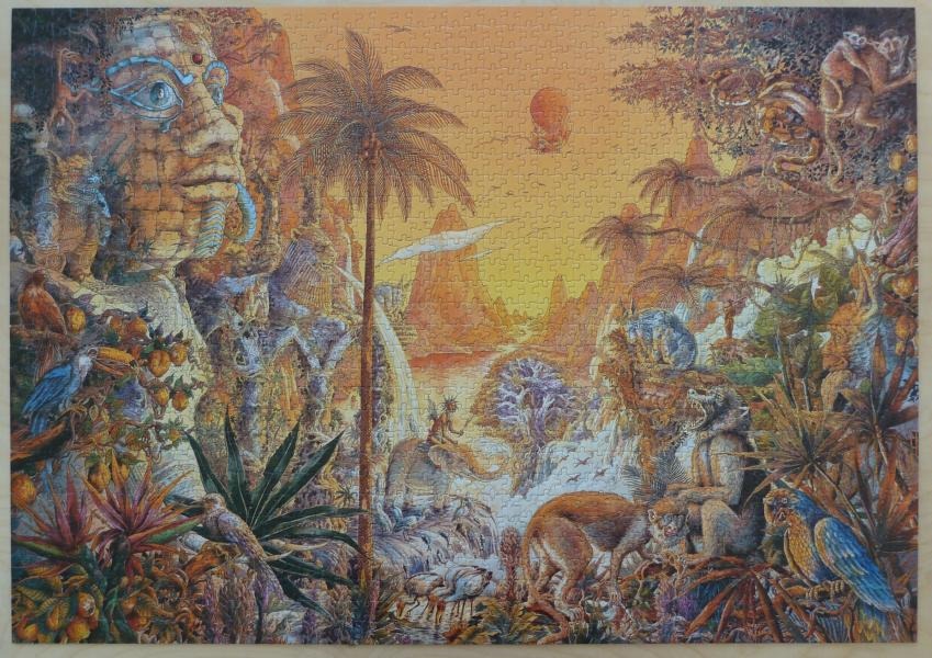An intricate fantasy illustration of a golden-hued jungle landscape featuring a giant stone face and diverse wildlife.