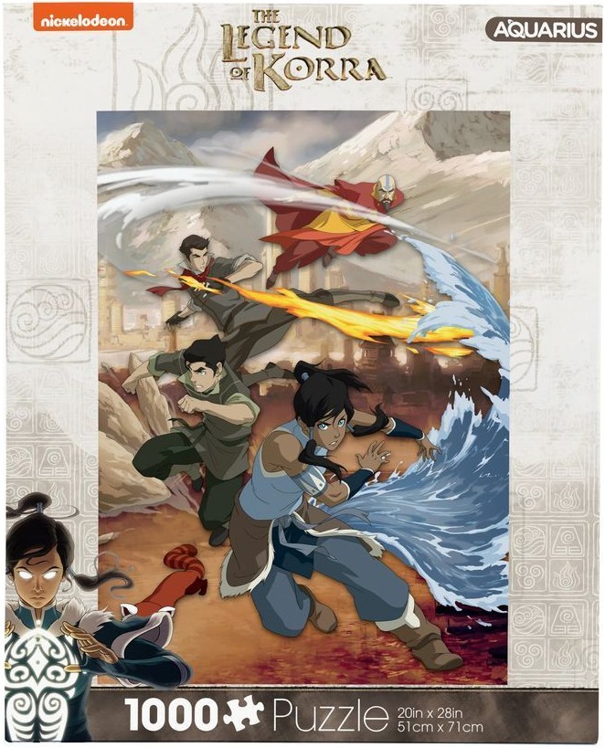 Action illustration featuring Korra and friends using elemental powers against a mountain backdrop.
