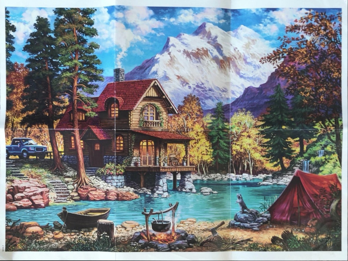 A cozy log cabin beside a mountain lake with a campfire and tent in the foreground.